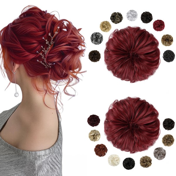 FELENDY 2PCS Messy Bun Hair Piece Large Wavy Curly Elastic