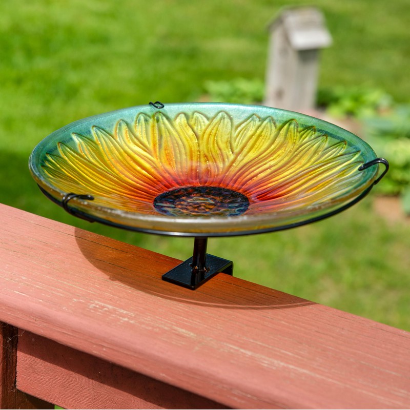 Sunnydaze Glass Bird Bath Bowl - Includes Deck Clamp and