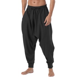 AITFINEISM Mens Elastic Waist Aladdin Harem Pants Loose Drop Crotch Trousers (XX-Large, Black)