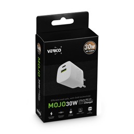 VERICO Power MOJO GaN 30 W, 2 Port Charger, Power Supply, PD3.0/QC3.0, 1 x USB-C, 1 x USB-A, White