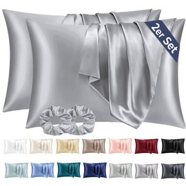 Vielit 2 Pack Satin Pillowcase 70 x 40 Grey, Soft as Silk Pillowcase for Hair and Skin Easier Care than Silk Pillow Case, Envelope Pillowcases & 2 Srunchies Gifts for Women