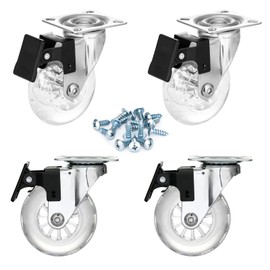Clear Caster Wheels 3 Inch Casters Set of 4 Heavy Duty, Locking Industrial Casters with 360 Degree No Noise Transparent Polyurethane Wheels, Swivel Plate Casters with Brake - Pack of 4 (3 inch)