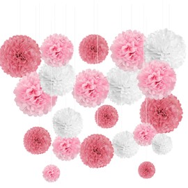 Pink White Tissue Paper Pom Poms Flower Set-27PCS Ideal for Birthday,Bridal Showers,Wedding,Baby Shower Party Decorations (12",10",8",6)