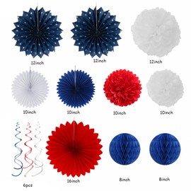 Fourth-4th of July Memorial-Day Party-Decorations - 31pcs Red-Blue White-Silver Patriotic Banner,Streamers Garland,Tissue Pom Poms Honeycomb,Paper Lantern Fan,Independence Graduation Decor Hugtmr