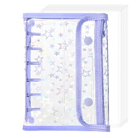 Transparent A7 Clear Binder Clear Binder with 6 Holes, 10 Refills Included, Cute, Removable, Stylish, Stores Sealing Seals, Waterproof, Dirt-Resistant Material, Hologram Star Pattern (Purple)