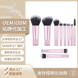 Cross-border 10-Piece Mini Brush Set: Portable Powder & Blush Brushes with Short Transparent Handles Set - Pink 2ea