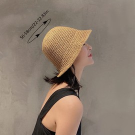Women's Straw Sun Hat Hand-Woven Packable Beach Bucket Hat Summer Floppy UV Protection Hat, Khaki, Medium-Large