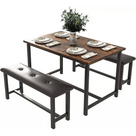 Jojoka Dining Set Table and 2 Upholstered Bench Wood Top Breakfast Dinette for Kitchen - Brown