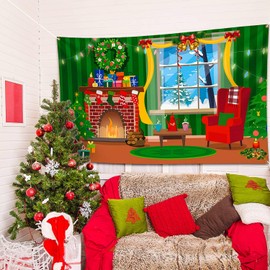 Merry Christmas Backdrop Scene Setters Banner Welcome Winter Snow Decorative Xmas Background for Wall Decoration Christmas Party Decor Holiday Time (Green Red Mantel Window)