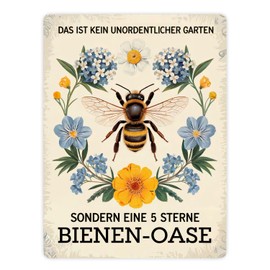Bee with Flowers "Das ist kein Unordentlicher Garten" Metal Sign XXL in 28 x 38 cm Funny Bee Sign for Garden Lovers