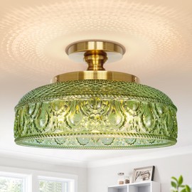 Lamomo Semi Flush Mount Ceiling Light, Upgraded Larger Green Hallway Light Fixture, 3-Bulb Globe Glass Close to Ceiling Scone, Indoor Hanging Light for Bedroom Kitchen Porch Hallway,Bulbs Not Included
