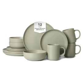 12-Piece Green-Stone Microwave & Dishwasher Safe Stoneware Dinnerware Set Non-Toxic Plate & Bowl Mugs Stackable DesignMain Material: Stone, Main Color: Green