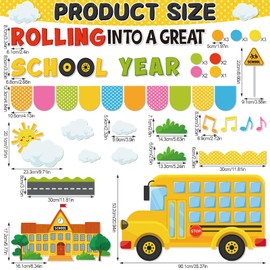 Funrous 89 Pcs Back to School Bulletin Board Set Yellow Bulletin Board Borders Yellow Bus Cutouts DIY Photo Crafts Rolling into a Great School Year Classroom Decor for Welcome Back Classroom Office