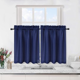 GAOMON 3 Pieces Window Curtains and Valance Set for Bathroom Kitchen, Waffle Weave Fabric Rod Pocket Short Bathroom Window Curtains (2 Panels of 30''Wx30''L Tiers, 60''Wx15''L Valance), Navy Blue