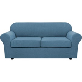 H.VERSAILTEX 3 Piece Stretch Sofa Covers for 2 Cushion Sofa Couch Covers for Living Room Furniture Cover (Base Cover Plus 2 Seat Cushion Covers) Thicker Jacquard Fabric(Large Sofa, Dusty Blue)