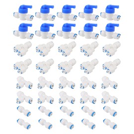 Newzoll 1/4" Water Line Fittings Set, 35Pcs Quick Connect Push in to Connect Water Purifiers Tube Fittings for RO Water Reverse Osmosis System, I/ T/ Y Type Combo + Ball Valves