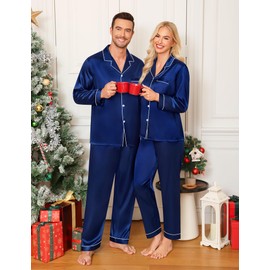 SWOMOG Couple Matching Pajamas Set Silk Satin Button Down Sleepwear Long Sleeve Nightwear 2 Pcs Pj Set Men Navy Blue X-Large