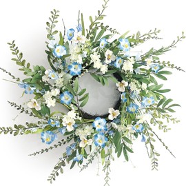 Huashen Spring Wreaths for Front Door, 24 Inch Summer Farmhouse Wreath with Blue White Wildflower for Outdoor Porch Home Wall