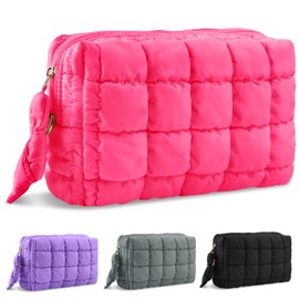 UIXIZQ Puffer Quilted Makeup Bag Cosmetic Bags,Puffy Travel Toiletry Pouch for Women,Cute Checkered Zipper Bag Travel Essential,Portable Aesthetic Make up Organizer Bag for Gifts Work Daily, RoseRed,