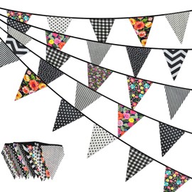 Black Fabric Bunting Banner, 10M 26pcs Beautiful Floral Bunting Flags Garden Bunting, Vintage Fabric Bunting for Party Birthday, Afternoon Tea, Easter and Mothers Day Decorations