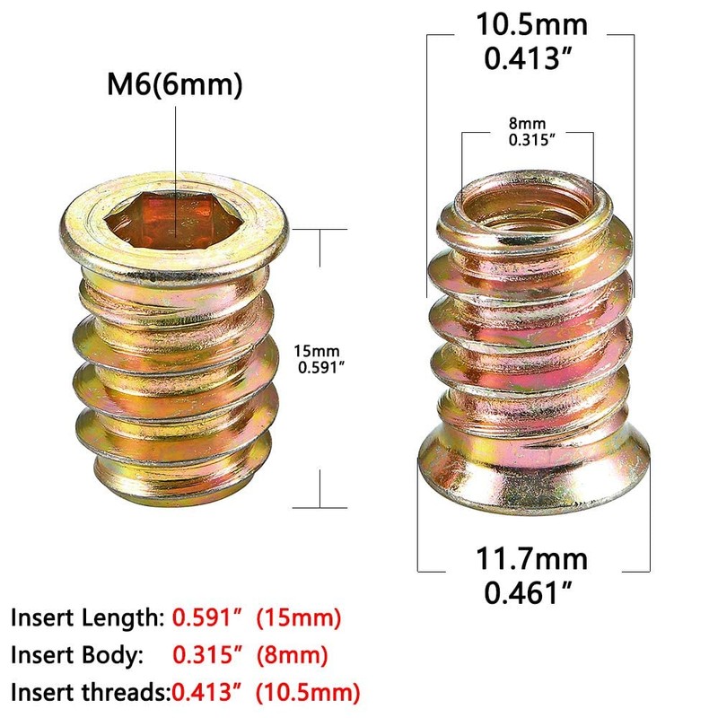 Aninako Insert Nuts M6 x 0.5 inches (13 mm), M6