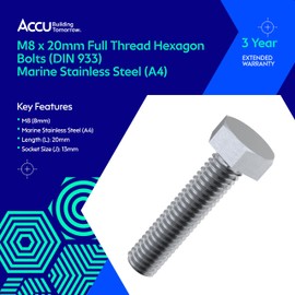 Accu - M8 x 20mm Full Thread Hexagon Bolts (DIN 933) - Marine Stainless Steel (A4) (Pack of 10)