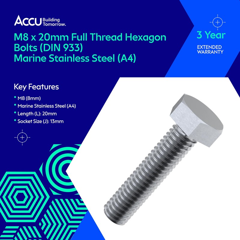 Accu - M8 x 20mm Full Thread Hexagon Bolts (DIN