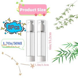 8 Pcs Empty Airless Pump Bottles, KLHCDUO 1.7Oz/50Ml Clear Airless Cosmetic Cream Pump Bottle Travel Size Dispenser Refillable Containers/Foundation Travel Pump Bottle for Shampoo, Creams