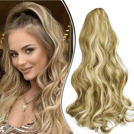 Dcbaboo 18inch Claw Clip in Ponytail Hair Extensions Long Wavy Ponytail Extension Curly Synthetic Pony tails Natural Wave One Piece Hairpiece Fake Ponytail for Women, Sandy Blonde/Bleach Blonde