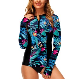 AOBUTE Women Zip Rash Guard Long Sleeve UPF 50+ Uv Athletic Bathing Swim Tops 3XL Floral Green