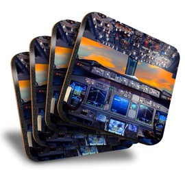 Destination Vinyl ltd Great Coasters (Set of 4) Square - Flight Deck Aeroplane Cockpit Pilot Drink Glossy Coasters/Tabletop Protection for Any Table Type #16297