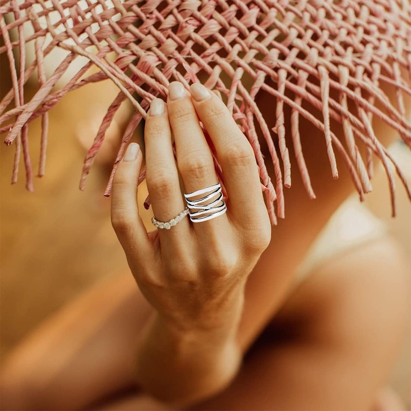HAIXIAN Classic Silver Plain Multi Cross Lines Wide Band Ring,Silver