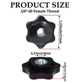 Aifeier ET 4 Pcs 1/4"-20 Inch Knob Black Nylon Screw-On Type Thru Threaded Knob Nuts 6-Star Shape Hand Tighten Clamping Knobs