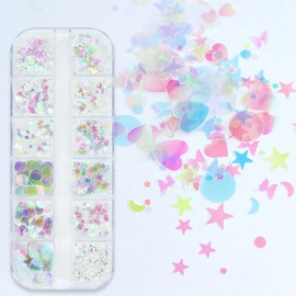 Nail Art Glitter Sequins, 3D Clear Iridescent Ultra Thin Nail Art Glitter Flakes Designs, Mermaid, Love, Heart, Butterfly, Star, Moon, Round Shapes, Nail Glitter Discs for Women