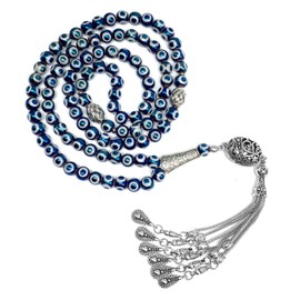 ALBATROSART EVIL EYE COLLECTION Bracelet -Necklace - Keychain - Worry Beads - Prayer Beads -Komboloi - Begleri - Shawl - Hamsa (Electroplate Evil Eye Glass -8mm 99 Beads- & Drop Tassel)