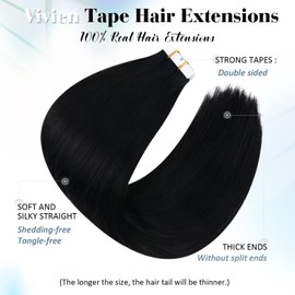 Vivien Tape-In Extensions, Real Hair, Black Extensions, Tape-In Real Hair, Invisible Hair Extensions, Real Hair, Tape-In, Black, #1, 30 cm, 20 Pieces / 30 g