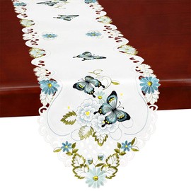 Simhomsen Embroidered Butterfly Table Runner for Spring and Summer, Dresser Scarf (Aqua, 14 x 69 inches)