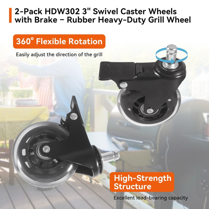 2-Pack HDW302 3" Swivel Caster Wheels with Brake – Rubber