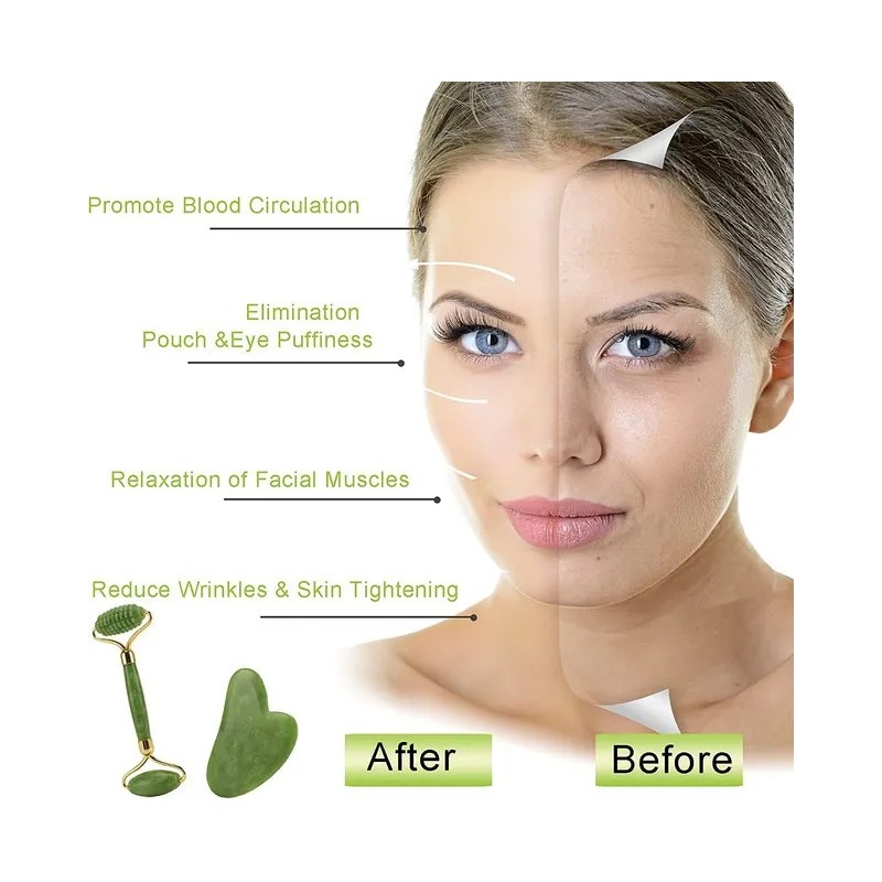 Rodillo De Masaje Facial De Jade Gua Sha Rejuvenece Kit