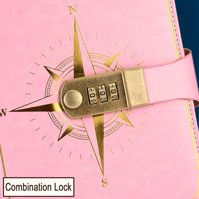 NectaRoy Vintage Travel Journal, A5 Lockable Diary(Compass Pattern), Notebook with