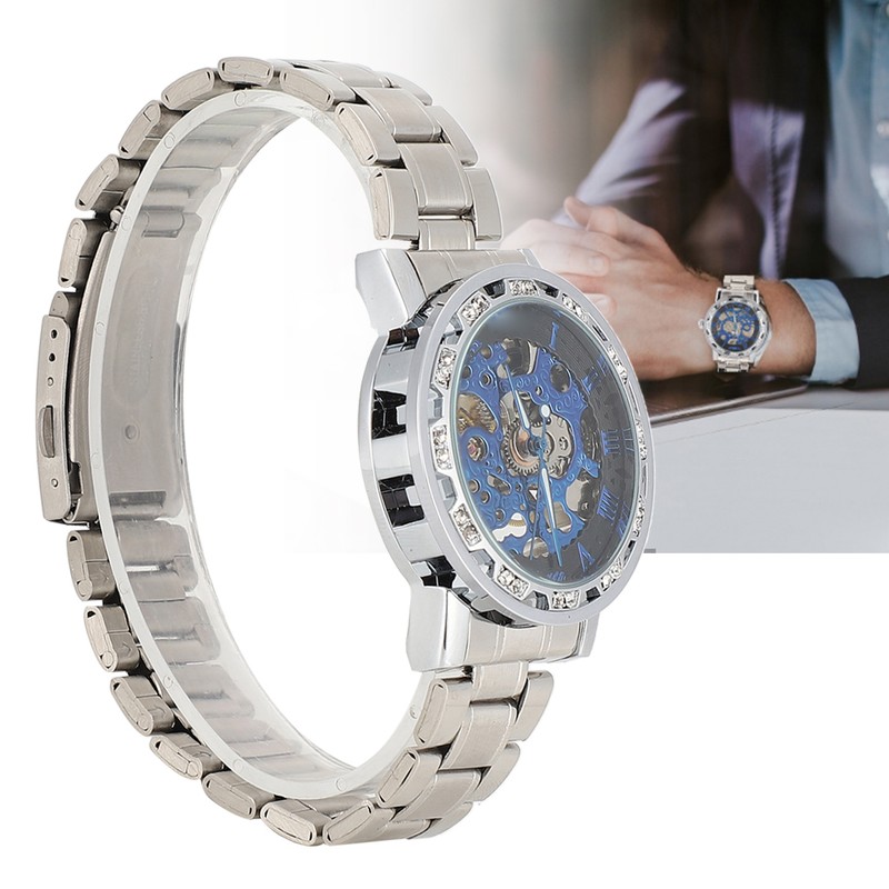 Fashion Waterproof Men Round Dial Hollow Automatic Wristwatch Mechanical Watch(Blue