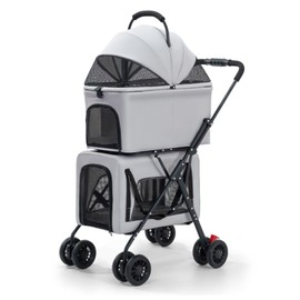Pet Stroller Double Deck 4 Wheels Withe Rain Cover - Easy-Fold Dog Cat Stroller for Small Medium Dog Cats Carrier, Travel Folding Carrier Breathable and Visible Mesh with Cup Holder（Gray）