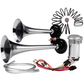FARBIN Car Horn 12V 150db Super Loud Air Horn, Chrome Zinc Dual Trumpet Air Horns, Truck Horn with Compressor Wire Harness and Button, for Any 12V Vehicles