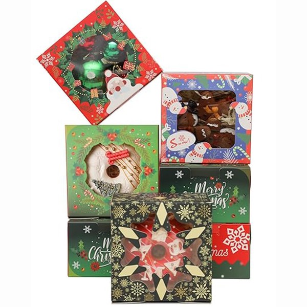 qiqee Christmas Bakery Boxes with Window 52pcs 4x4x2.5 Mini Cookie