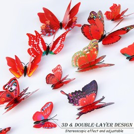 OPSEAM Butterfly Wall Decor 24/48 PCS, 3D Butterflies Stickers for Party Decorations with Magnets (Red, 24)