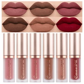 evpct 6Pcs Dark Light Nude Brown Matte Matt Liquid Lipstick Lip Gloss Glossy Set for Black Women, 24 Hour Brown Mauve Red Maroon Silky Velvet Lipstick Lip Liner set labiales matte larga duracion 24
