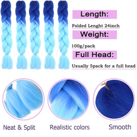 60 cm Braiding Hair Extensions, Jumbo Braids, Synthetic Hair, 5 Pieces, 24 Inches, Kanekalon Hair Braiding Extensions, Crochet Twist Box, Colourful Synthetic Hair Braids, Sapphire and Sky Blue