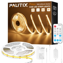 Tira de luces LED COB 2700K, PAUTIX de 5m de intensidad regulable DC24 V de luz blanca cálida, kit de luces de cinta de alto lúmenes con función de temporizador remoto RF y fuente de alimentación para el hogar, dormitorio, cocina DIY iluminación