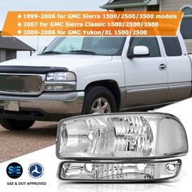 LBRST Headlight Assembly for GMC Sierra 1500 1999-2006 for GMC Sierra 1500 Classic 2007 for GMC Sierra 2500 1999-2004 Chrome Housing Clear Reflector Clear Lens Driver and Passenger Side Headlamp