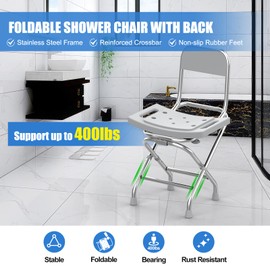UGarden Height Adjustable Folding Shower Chair Seat with Foldable Back, 400LB Stainless Steel Portable Travel Shower Stool w/Crossbar, 19.09" Safety Anti-Slip Bath Chair for Seniors, Adults, Gray